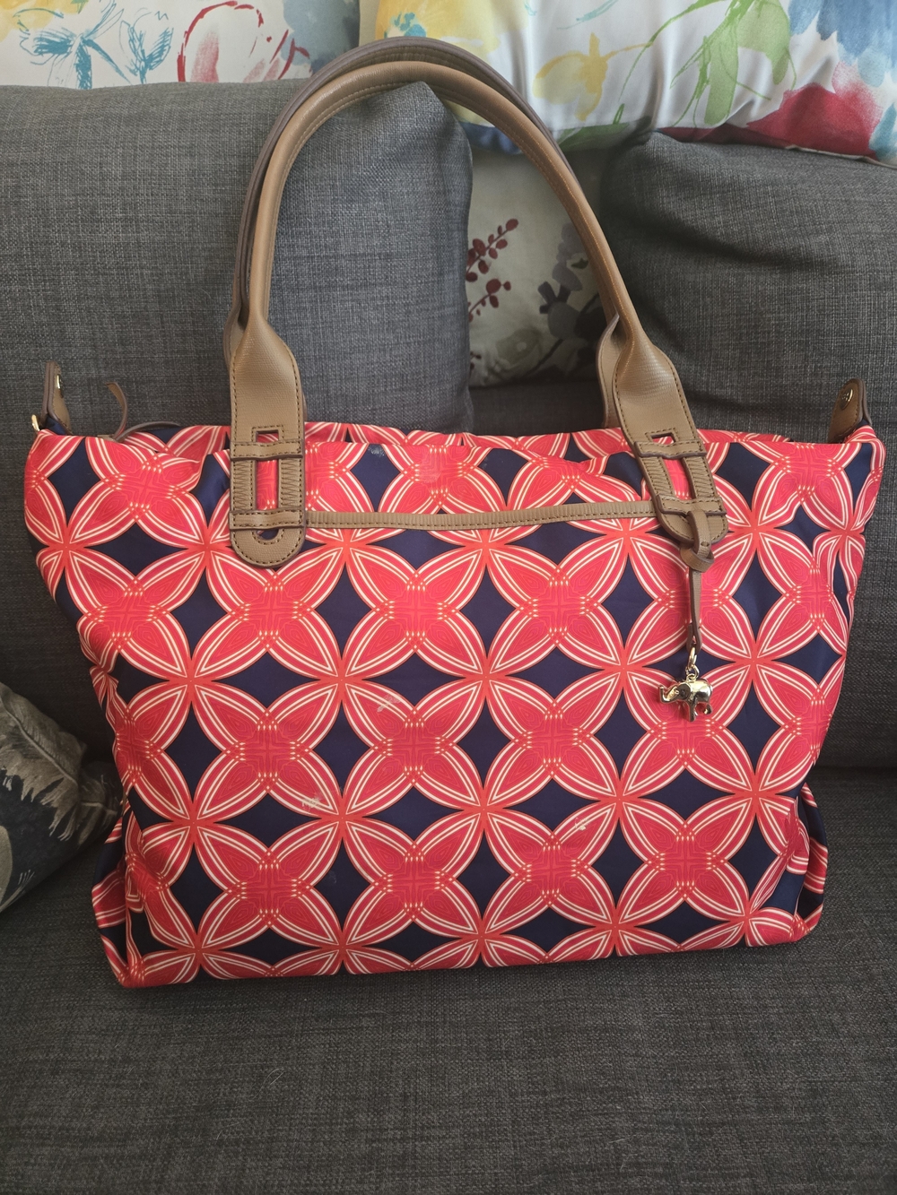 Stella & Dot Red Geometric Tote Bag with Brown Handles And Elephant Charm